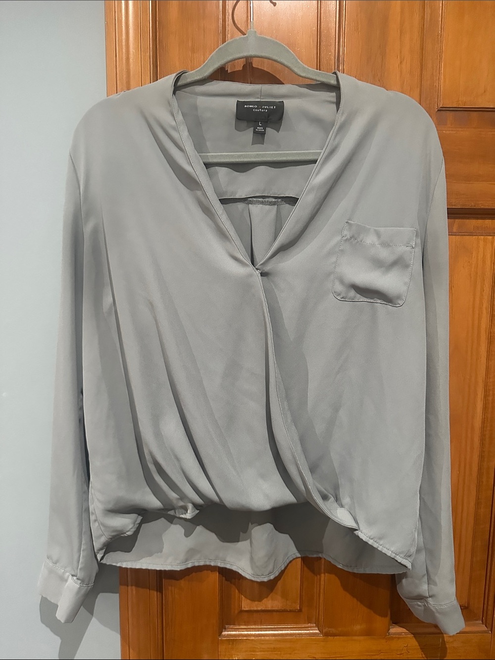 Light Gray Draped Crossover V-Neck Blouse